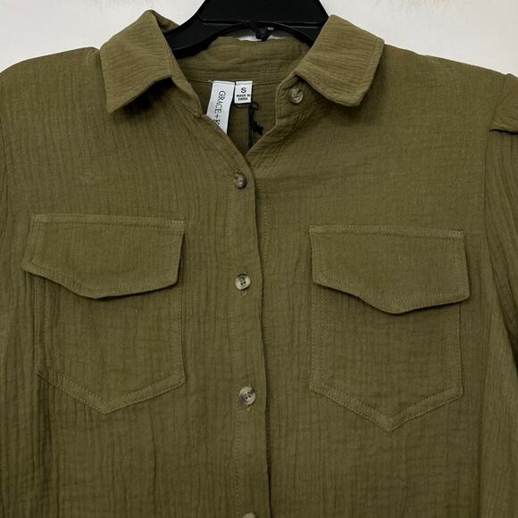 Grace+Karma Olive Green Gauze Cotton Button Down Relaxed Fit Blouse Small New - Picture 5 of 11